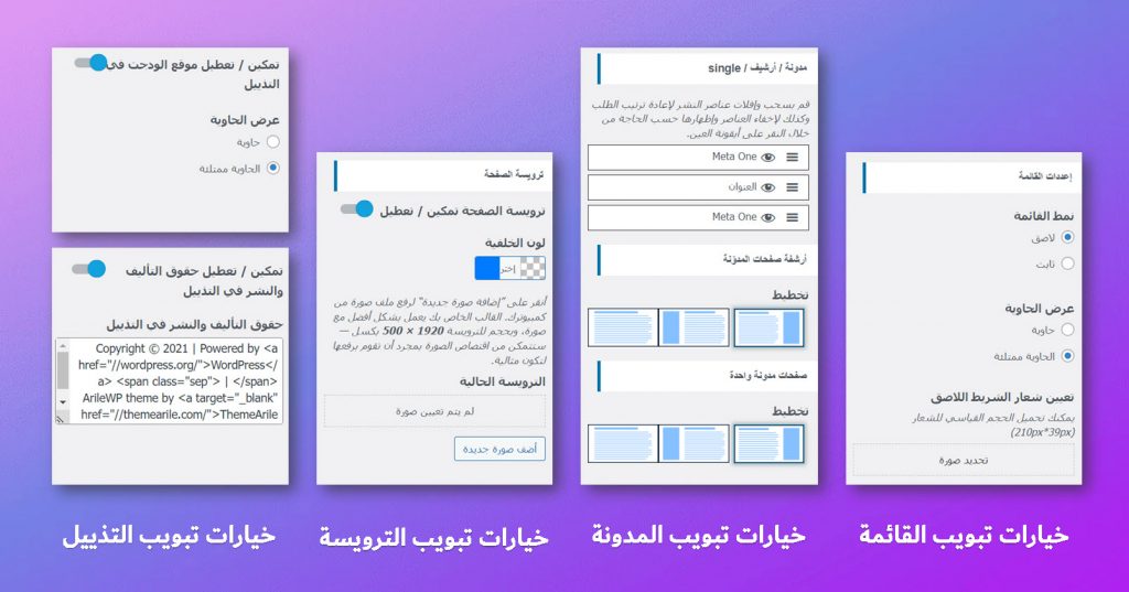 افضل 5 قوالب مجانية للووردبريس قد لا تعرفها 3 صورة تظهر خيارات مختلف تبويبات خيارات القالب 1024x537 1